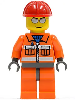 CTY0125:  Construction Worker - Orange Zipper, Safety Stripes, Orange Arms, Orange Legs, Dark Bluish Gray Hips, Red Construction Helmet, Silver Sunglasses