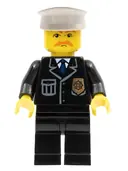 Minifigurka: CTY0128:  Police - City Suit with Blue Tie and Badge, Black Legs, Brown Moustache, White Hat