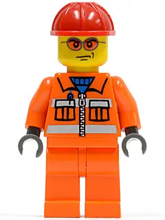CTY0132:  Construction Worker - Orange Zipper, Safety Stripes, Orange Arms, Orange Legs, Red Construction Helmet, Orange Glasse