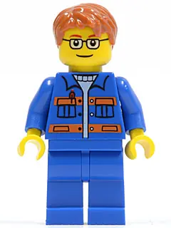 CTY0140:  Blue Jacket with Pockets and Orange Stripes, Blue Legs, Dark Orange Short Tousled Hair, Brown Eyebrows, Glasses