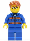 Minifigurka: CTY0140:  Blue Jacket with Pockets and Orange Stripes, Blue Legs, Dark Orange Short Tousled Hair, Brown Eyebrows, Glasses