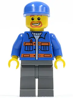 CTY0141:  Blue Jacket with Pockets and Orange Stripes, Dark Bluish Gray Legs, Blue Cap, Beard Around Mouth