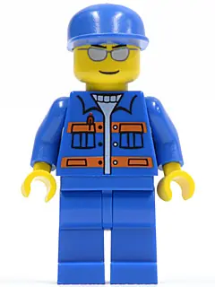 CTY0148:  Blue Jacket with Pockets and Orange Stripes, Blue Legs, Blue Cap, Silver Sunglasses, Eyebrows and Thin Grin