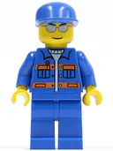 Minifigurka: CTY0148:  Blue Jacket with Pockets and Orange Stripes, Blue Legs, Blue Cap, Silver Sunglasses, Eyebrows and Thin Grin