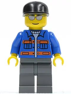 CTY0150:  Blue Jacket with Pockets and Orange Stripes, Dark Bluish Gray Legs, Black Cap, Silver Sunglasses