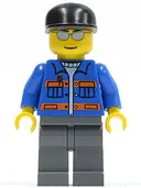 Minifigurka: CTY0150:  Blue Jacket with Pockets and Orange Stripes, Dark Bluish Gray Legs, Black Cap, Silver Sunglasses