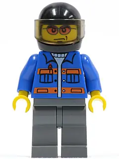 CTY0151:  Blue Jacket with Pockets and Orange Stripes, Dark Bluish Gray Legs, Black Helmet, Orange Sunglasses