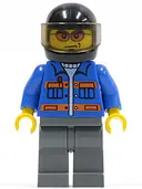 Minifigurka: CTY0151:  Blue Jacket with Pockets and Orange Stripes, Dark Bluish Gray Legs, Black Helmet, Orange Sunglasses