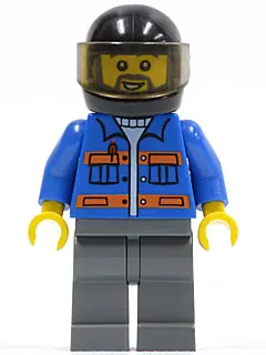 CTY0152:  Blue Jacket with Pockets and Orange Stripes, Dark Bluish Gray Legs, Black Helmet, Gray Beard