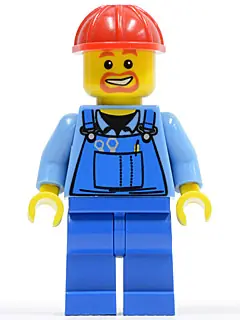 CTY0159:  Overalls with Tools in Pocket Blue, Red Construction Helmet, Beard Around Mouth