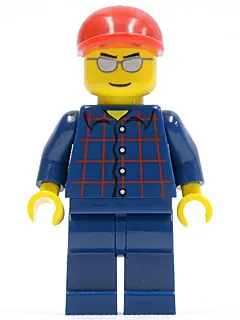 CTY0163:  Plaid Button Shirt, Dark Blue Legs, Red Short Bill Cap, Silver Sunglasses