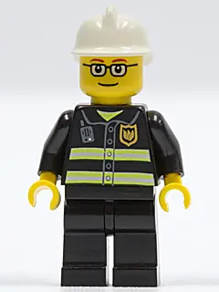 CTY0164:  Fire - Reflective Stripes, Black Legs, White Fire Helmet, Glasses and Brown Thin Eyebrows
