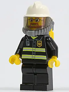 CTY0165:  Fire - Reflective Stripes, Black Legs, White Fire Helmet, Breathing Neck Gear with Air Tanks, Yellow Hands, Beard and Glasses