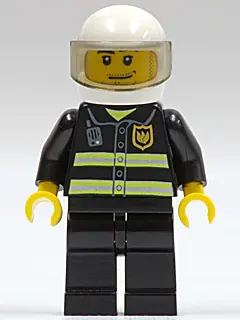 CTY0166:  Fire - Reflective Stripes, Black Legs, White Standard Helmet, Trans-Brown Visor, Stubble Beard and Moustache, Smirk and Stubble Beard