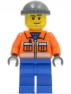CTY0168:  Construction Worker - Orange Zipper, Safety Stripes, Orange Arms, Blue Legs, Dark Bluish Gray Knit Cap