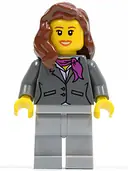 Minifigurka: CTY0169:  Dark Bluish Gray Jacket with Magenta Scarf, Light Bluish Gray Legs, Reddish Brown Female Hair over Shoulder, Dark Orange Lips