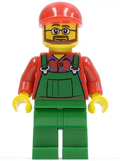 CTY0170:  Overalls Farmer Green, Red Short Bill Cap, Beard and Glasses