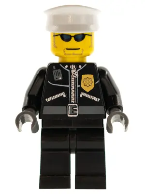 CTY0174:  Police - City Leather Jacket with Gold Badge, White Hat, Dark Blue Sunglasses
