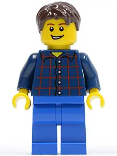 CTY0177:  Plaid Button Shirt, Blue Legs, Dark Brown Short Tousled Hair, Lopsided Grin with Teeth