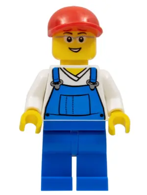 CTY0178:  Overalls Blue over V-Neck Shirt, Blue Legs, Red Short Bill Cap, Glasses