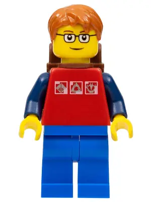 CTY0180:  Red Shirt with 3 Silver Logos, Dark Blue Arms, Blue Legs, Dark Orange Short Tousled Hair, Brown Eyebrows, Backpack