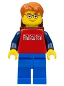 Minifigurka: CTY0180:  Red Shirt with 3 Silver Logos, Dark Blue Arms, Blue Legs, Dark Orange Short Tousled Hair, Brown Eyebrows, Backpack