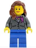 Minifigurka: CTY0185:  Dark Bluish Gray Jacket with Magenta Scarf, Blue Legs, Reddish Brown Female Hair over Shoulder