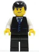 Minifigurka: CTY0186:  Black Vest with Blue Striped Tie, Black Legs, White Arms, Black Male Hair (Bus Driver)