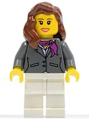 Minifigurka: CTY0187:  Dark Bluish Gray Jacket with Magenta Scarf, White Legs, Reddish Brown Female Hair over Shoulder