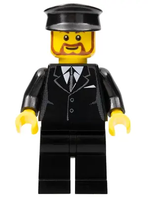CTY0189:  Suit Black, Black Police Hat, Brown Beard Rounded - Tram Driver