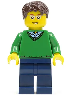 CTY0191:  Green V-Neck Sweater, Dark Blue Legs, Dark Brown Short Tousled Hair, Glasses