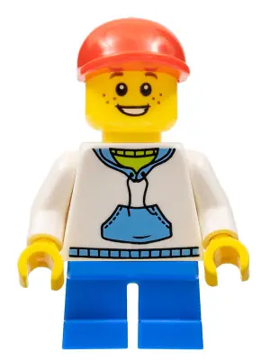 CTY0192:  Child - Boy, White Hoodie with Medium Blue Pocket, Blue Short Legs, Red Cap, Freckles