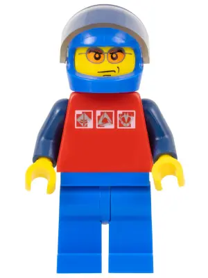 CTY0196:  Red Shirt with 3 Silver Logos, Dark Blue Arms, Blue Legs, Blue Helmet, Orange Sunglasses
