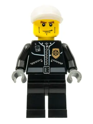 CTY0198:  Police - City Leather Jacket with Gold Badge, White Short Bill Cap, Vertical Cheek Lines