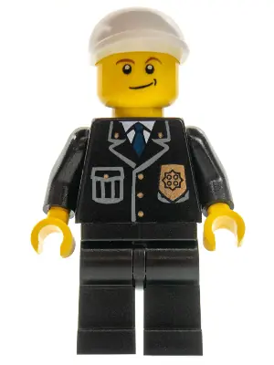 CTY0199:  Police - City Suit with Blue Tie and Badge, Black Legs, White Short Bill Cap, Crooked Smile