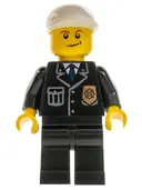 Minifigurka: CTY0199:  Police - City Suit with Blue Tie and Badge, Black Legs, White Short Bill Cap, Crooked Smile