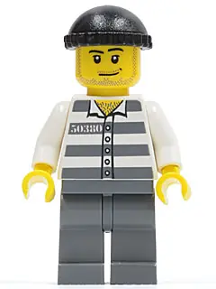CTY0200:  Police - Jail Prisoner 50380 Prison Stripes, Dark Bluish Gray Legs, Black Knit Cap, Smirk and Stubble Beard