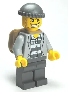 CTY0201:  Police - Jail Prisoner Jacket over Prison Stripes, Dark Bluish Gray Legs, Dark Bluish Gray Knit Cap, Gold Tooth, Backpack