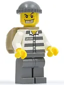 Minifigurka: CTY0203:  Police - Jail Prisoner 50380 Prison Stripes, Dark Bluish Gray Legs, Dark Bluish Gray Knit Cap, Gold Tooth, Backpack