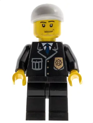 CTY0204:  Police - City Suit with Blue Tie and Badge, Black Legs, White Short Bill Cap, Smirk and Stubble Beard