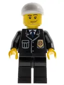 Minifigurka: CTY0204:  Police - City Suit with Blue Tie and Badge, Black Legs, White Short Bill Cap, Smirk and Stubble Beard