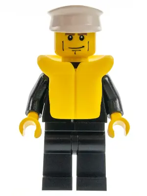 CTY0205:  Police - City Suit with Blue Tie and Badge, Black Legs, Vertical Cheek Lines, White Hat, Life Jacket