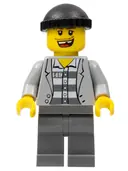 Minifigurka: CTY0208:  Police - Jail Prisoner Jacket over Prison Stripes, Dark Bluish Gray Legs, Black Knit Cap, Missing Tooth