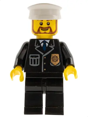 CTY0209:  Police - City Suit with Blue Tie and Badge, Black Legs, White Hat, Brown Beard Rounded