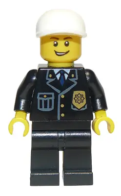 CTY0210:  Police - City Suit with Blue Tie and Badge, Black Legs, White Short Bill Cap, Open Grin