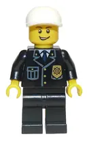 Minifigurka: CTY0210:  Police - City Suit with Blue Tie and Badge, Black Legs, White Short Bill Cap, Open Grin