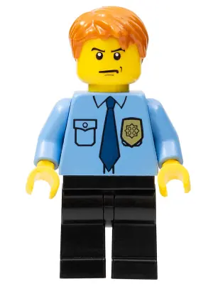 CTY0212:  Police - City Shirt with Dark Blue Tie and Gold Badge, Black Legs, Dark Orange Short Tousled Hair