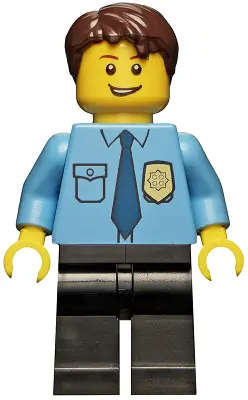 CTY0216:  Police - City Shirt with Dark Blue Tie and Gold Badge, Black Legs, Dark Brown Short Tousled Hair