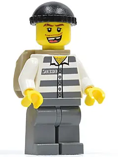 CTY0217:  Police - Jail Prisoner 50380 Prison Stripes, Dark Bluish Gray Legs, Black Knit Cap, Missing Tooth, Backpack
