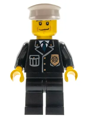 CTY0218:  Police - City Suit with Blue Tie and Badge, Black Legs, Black Eyebrows, White Hat